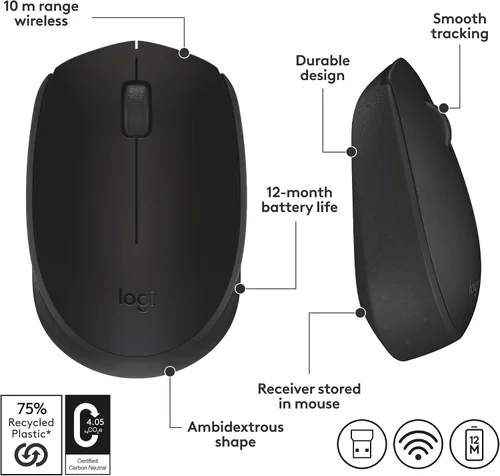 Vista 7 de Logitech M170 ratón inalámbrico para PC, Mac, portátil, 2.4 GHz con receptor USB Mini, seguimiento óptico, vida útil de la batería de 12 meses
