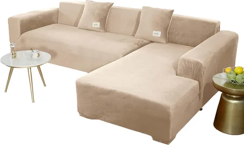 Vista 23 de Fundas de sofá seccionales, funda elástica de terciopelo en forma de L, funda de sofá suave antideslizante para sofá de esquina, beige, 2 plazas + 2