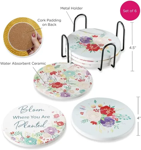 Vista 6 de Kate Aspen Garden Blooms - Posavasos de cerámica con soporte (juego de 6), decoración bohemia para el hogar y juego de regalo, recuerdo de fiesta