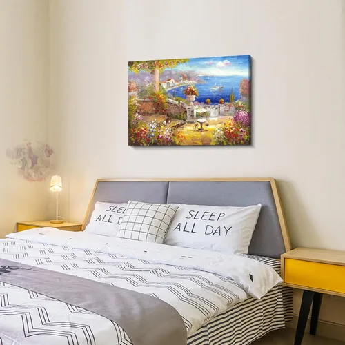 Vista 5 de Arte de pared en lienzo mediterráneo, arte de pared de Italia, arte de café italiano y de París, pinturas al óleo, imagen de paisaje marino