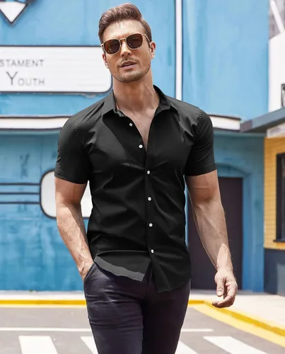 Vista 3 de COOFANDY Camisas de vestir para hombre, sin arrugas, manga corta, casual, con botones