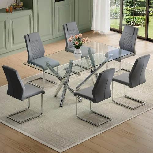 Vista 11 de Juego de mesa de comedor de cristal para 6, 71 pulgadas juego de mesa de comedor moderno para 6 7 Piece Dining Table Set, 6 White Dining Chairs