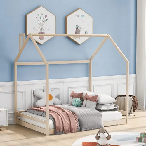Vista 11 de HAUSHECK Montessori Cama para niños pequeños, cama de piso tamaño individual para niños y niñas, camas Montessori con rieles y techo, marco de cama