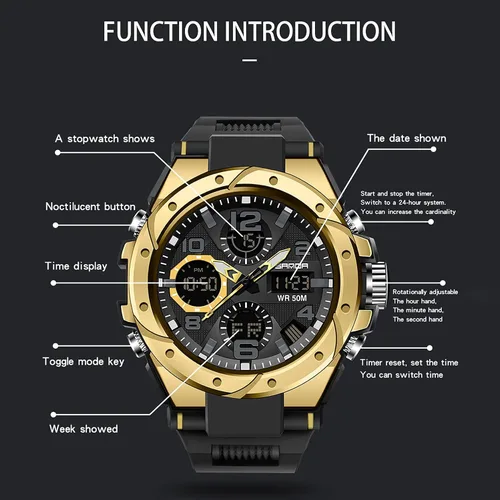 Vista 7 de Relojes deportivos para hombre, impermeables, con fecha, analógico, pantalla doble, multifunción, táctica, LED, alarma, cronómetro