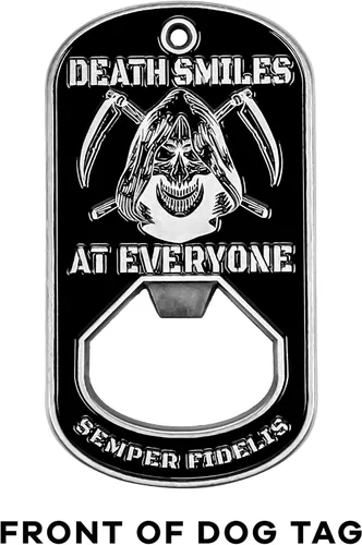 Vista 2 de Military Gift Shop One USMC Death Smiles at Everyone – Marines Smile Back - Abridor de botellas de identificación para perro – Abrebotellas