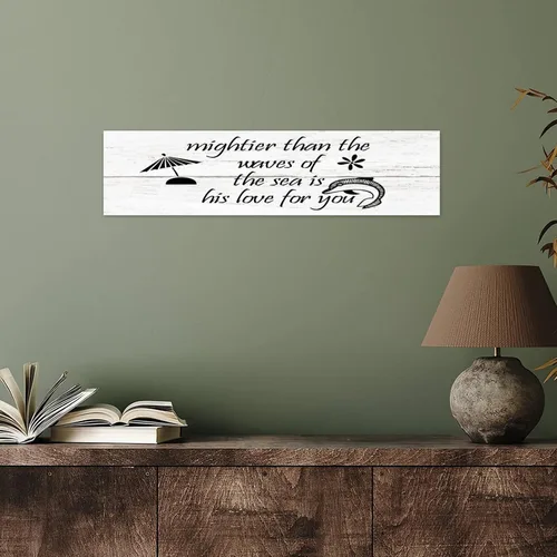 Vista 5 de Letrero de madera retro con texto en inglés "Mightier Than The Waves of The Sea Is His Love for You", 4 x 16 pulgadas, arte decorativo de pared