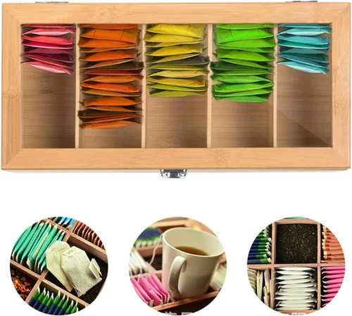 Vista 4 de Organizador de almacenamiento de bolsas de té de bambú, bolsa de té de madera, caja de almacenamiento de 5 compartimentos con tapa transparente