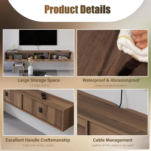 Vista 6 de Estante flotante de madera maciza para TV, armario de TV montado en la pared de 63 pulgadas, estantes flotantes con 3 puertas, centro de consola