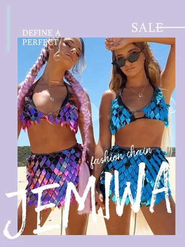 Vista 6 de Jemiwa Conjunto de faldas de brasier de lentejuelas con borlas y cadena de cuerpo para mujer, fiesta de playa, club, traje de baño