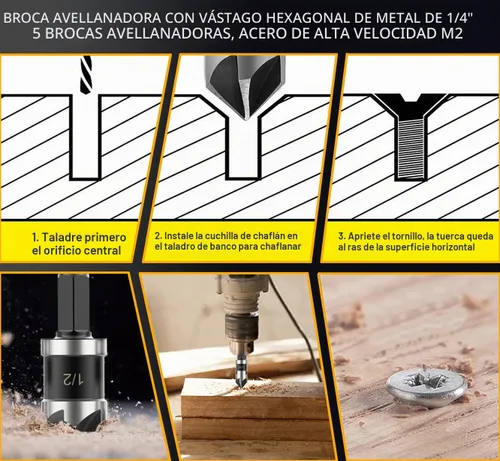 Vista 6 de Juego de brocas avellanadas para metal de 5 piezas – Brocas avellanadas de cobalto M2, 5 flautas de 82 grados, vástago hexagonal de 1/4 de pulgada