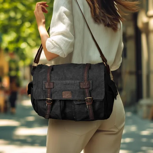 Vista 2 de Bolsa bandolera de hombro de lona LEATHER VILLAGE para hombres y mujeres – Elegante bandolera estilo mochila para oficina, viajes y uso diario