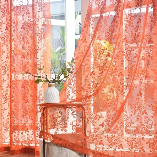 Vista 34 de FINECITY 2 paneles de cortinas de encaje beige de 36 pulgadas de largo con hojas florales rústicas, cortinas cortas y transparentes para ventana