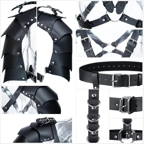 Vista 4 de Polainas de cuero sintético de caballero medieval, corsé, chal renacentista, capa de hombro, bufanda, accesorios
