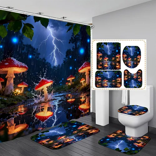Vista 2 de Juego de 4 cortinas de ducha con diseño de hongos e iluminación