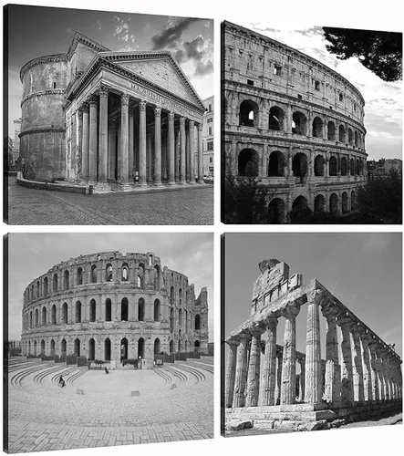 Vista 2 de NAN Wind Moderno lienzo de 4 paneles de arquitecturas en blanco y negro de giclée, pinturas de paisajes en lienzo de edificios de Roma, pinturas