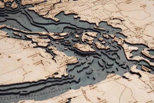 Vista 3 de Salish Sea, Washington - Tabla de madera náutica 3-D, marco gris, 24.5 x 31 pulgadas