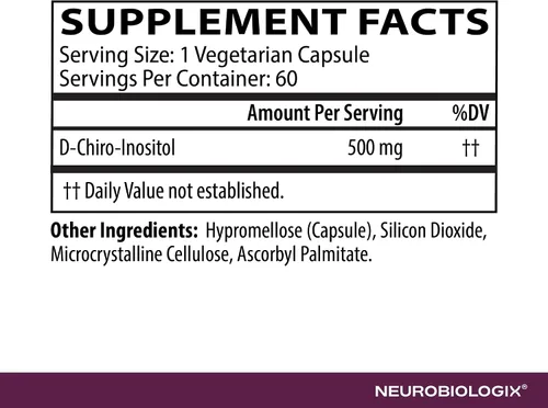 Vista 4 de Neurobiologix D-Chiro Inositol 500 MG, suplemento de inositol de alta potencia, equilibrio energético y hormonal para mujeres y hombres, apoya