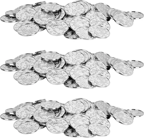 Vista 8 de Beistle 100 monedas de plástico en relieve de plata para casino occidental y tema pirata, recuerdos de fiesta del cofre del tesoro, 1.5 pulgadas