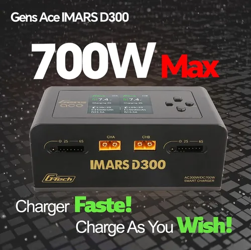 Vista 5 de IMARS D300 Gens Ace Lipo Cargador de batería G-Tech Series Smart Dual Lipo Balance Cargador AC 300W DC 700W (350W* 2) Cargador de doble canal 16A