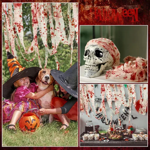 Vista 7 de Watayo Tela de sangre espeluznante de Halloween de 164 pies, tela de gasa de sangre aterradora, cortina de tela espeluznante para Halloween, fiesta