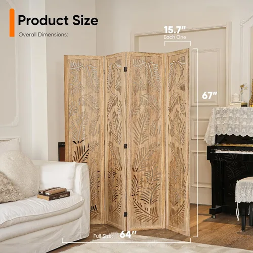 Vista 2 de JOSTYLE Divisor de habitación bohemio con tallado de plumas, pantalla de madera calada de 4 paneles, división plegable decorativa para dormitorio