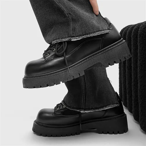 Vista 6 de Zapatos Oxford de cuero negro para hombre, tacón grueso, plataforma con cordones, zapatos casuales para caminar para uso diario al aire libre