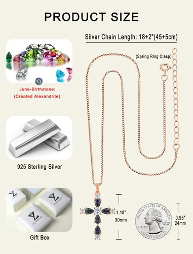 Vista 133 de YL Collar de cruz de plata de ley 925 con colgante de piedra natal religiosa para mujer