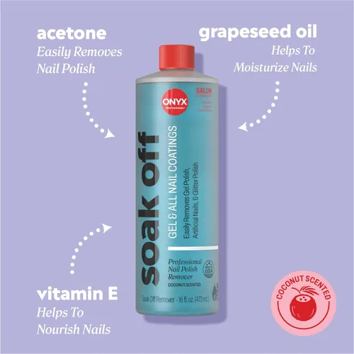 Vista 3 de Onyx Professional Removedor de esmalte de uñas con aroma de coco con lima de uñas, 16 oz, Removedor de esmalte de gel de máxima potencia