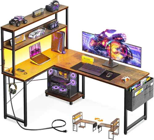 Vista 11 de ODK Escritorio en forma de L de 43 pulgadas con iluminación LED, escritorio reversible para juegos con tomas de corriente, mesa de computadora