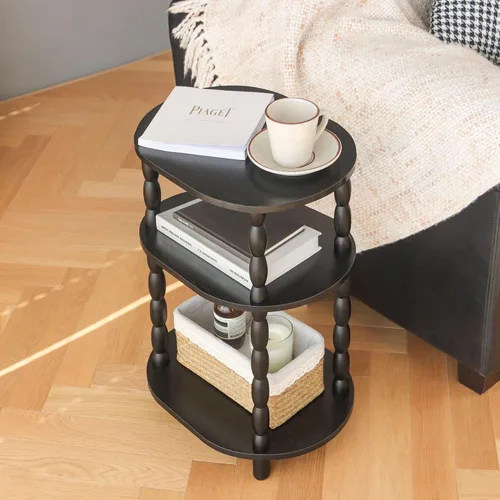 Vista 7 de MaxSmeo Mesa auxiliar negra, mesa auxiliar ovalada pequeña de 3 niveles, mesita de noche moderna, mesa decorativa de madera para sala de estar, Negro