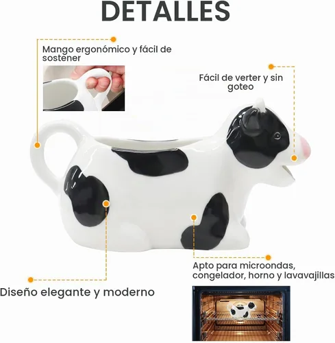 Vista 5 de Bote de salsa blanca, jarra de cerámica de vaca de 11 onzas, jarra de salsa pequeña con mango suave, bote de salsa de porcelana para aderezo