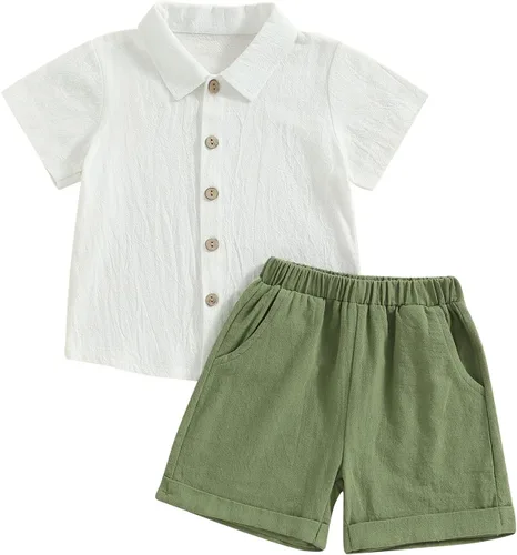 Vista 9 de Karuedoo Conjunto de 2 piezas de ropa de algodón y lino de manga corta con botones y pantalones cortos para el verano A-beige Marrón