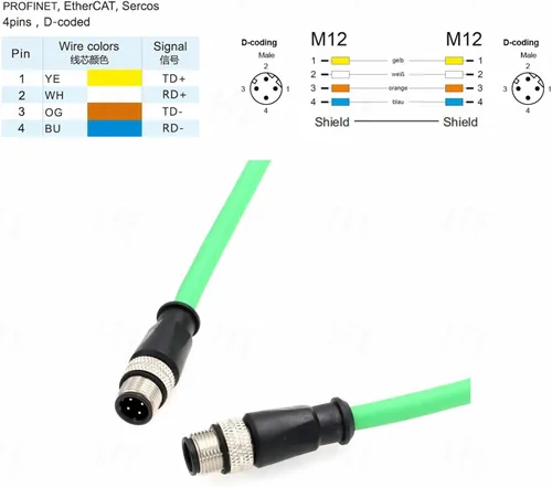 Vista 3 de Cámara Ethernet M12 4 Pin D Código macho a M12 4 Pin D Code Cable macho para red de aplicaciones industriales CAT5e blindado flexible 3.3 ft
