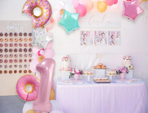 Vista 5 de Decoraciones de dona para el primer cumpleaños, suministros de decoración de fiesta de cumpleaños para niñas, 40 pulgadas, color rosa, 6 globos