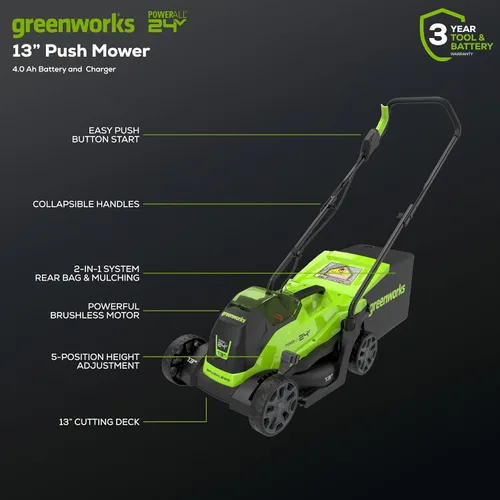 Vista 2 de Greenworks Cortacésped inalámbrico de 24 V 13 pulgadas (empuje), batería de 4.0 Ah, cargador + batería adicional de 4.0 Ah