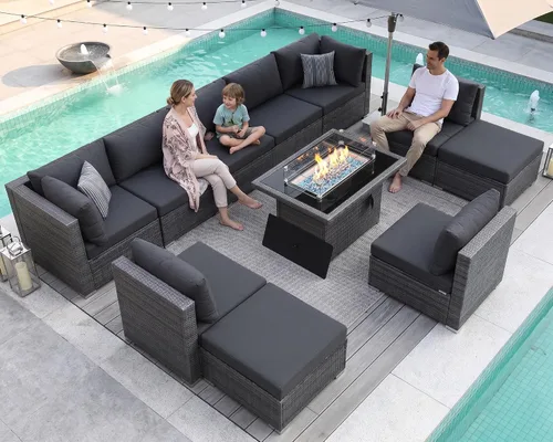 Vista 19 de NICESOUL Juego de muebles de patio de ratán extra grande con mesa para fogata de gas y propano, 29.3 pulgadas, respaldo alto, cómodos conversaciones