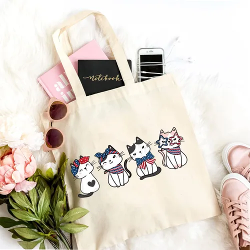 Vista 4 de TSIIUO Bolsa de lona patriótica para mujer, 4 de julio, diseño de gatito, lindo amante de los gatos, diseño de la bandera de Estados Unidos