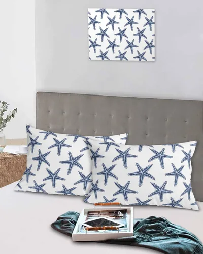 Vista 5 de Juego de 2 fundas de almohada de microfibra azul marino con estrellas de mar de playa tamaño estándar, fundas de almohada lumbares decorativas