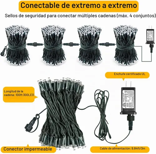 Vista 8 de Juego de 2, luces de Navidad, 200 pies, 600 LED, exterior/interior, guirnalda luces, 8 modos, impermeables, cable verde, parpadeantes, árbol, patio