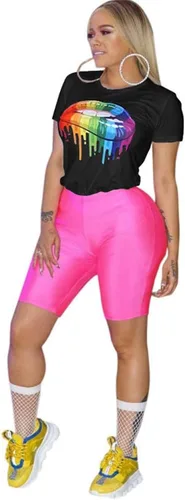 Vista 7 de Camiseta de los años 80 con estampado de labios de color casual para mujer, camisetas de verano de manga corta con gráfico divertido Negro