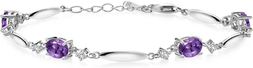 Vista 29 de Gem Stone King 925 Sterling Silver Gemstone Birthstone and White Created Sapphire Tennis Bracelet For Women Oval 7X5MM and 2MM 6 Inch + 1 Inch