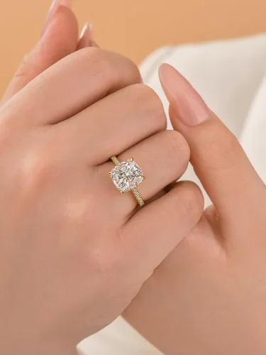 Vista 10 de Anillo de compromiso de corte cojín de 4 quilates para mujer, piedra blanca/amarilla grado 5A, circonita cúbica S925, plata, amarillo/blanco/oro rosa
