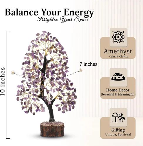 Vista 2 de Árbol de la vida con cristales de amatista, árbol púrpura, decoración de cristal, árbol de los chakras, regalos curativos para mujeres, decoración