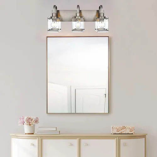 Vista 4 de Lámparas de tocador de baño de 3 luces, modernas luces de tocador con pantalla de vidrio transparente, lámpara de pared de níquel cepillado