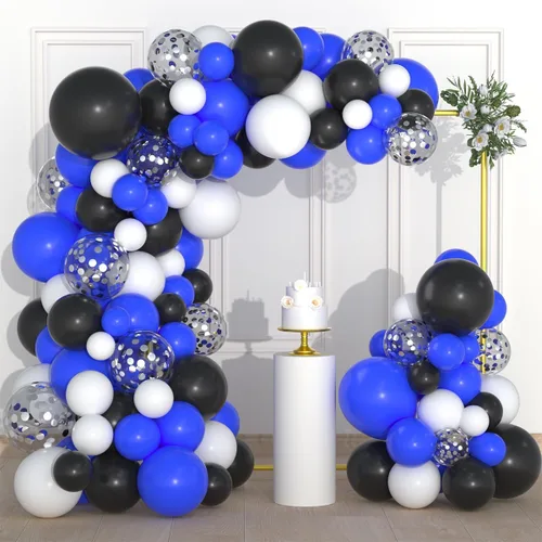 Vista 16 de Juego de globos de color azul real, negro y plateado metálico, 122 unidades, guirnalda de arco de globos azul real y negro para videojuegos