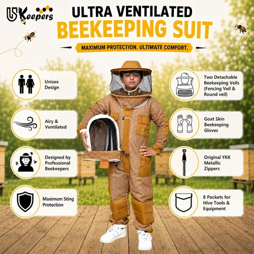 Vista 2 de Kids Bee Suit, 3 Layer Ventilated Beekeeping Suit with Gloves & 2 Veils, Protective Beekeeper Suit for Children Boys Girls (Kid Brown S)