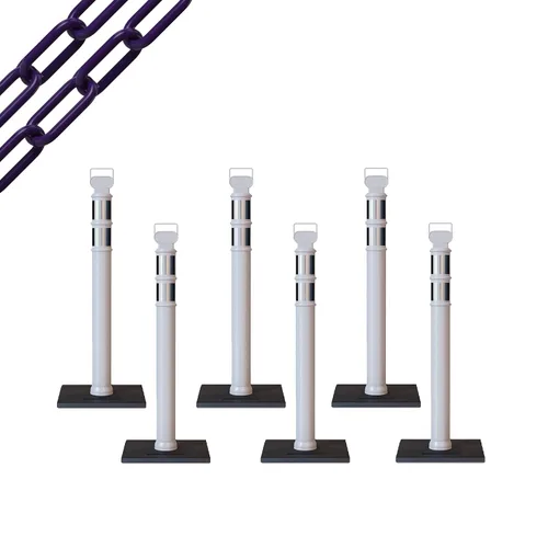 Vista 39 de CCW 6-Pack 45" Delineador Post Kit Kit de 3.0 in collares reflectantes, base de goma de 10 lb (6 postes blancos con cadena negra de 50 pies)