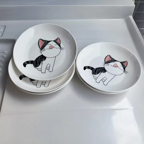 Vista 6 de Juego de 5 platos de cerámica con bonito diseño de gato, platos llanos grandes de porcelana para ensalada de postre de 7.28 pulgadas, platos