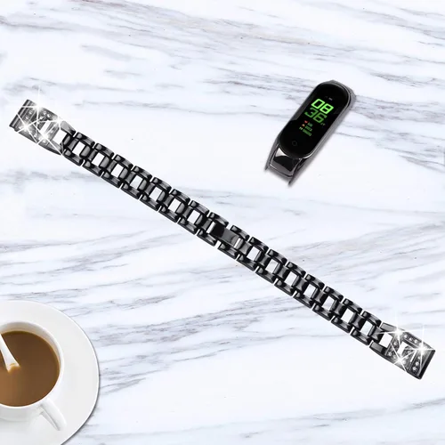 Vista 3 de Mi Band 4 Correa de fitness, pulsera de acero inoxidable con diamantes de imitación para mujer, elegante correa de repuesto delgada, ajustable Negro