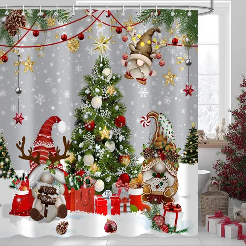 Vista 10 de Cortina de ducha de Feliz Navidad, trineo de Papá Noel, reno, copo de nieve, vacaciones, cuadros rojos y verdes, juego de cortinas de ducha